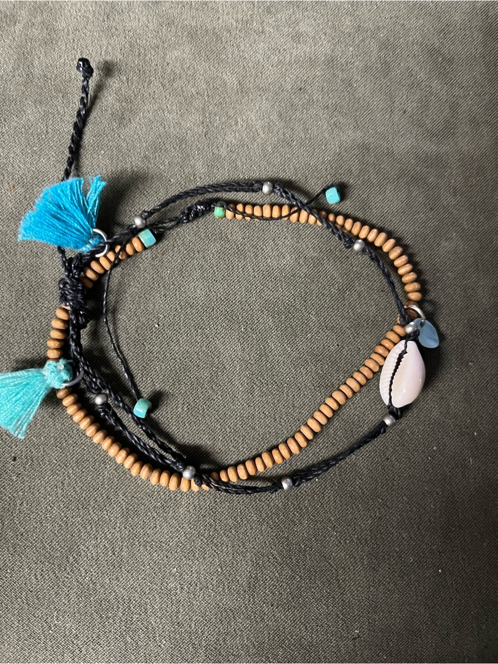 Boho Black Cord Shell & Wood Bead Anklet with Turquoise Tassels
